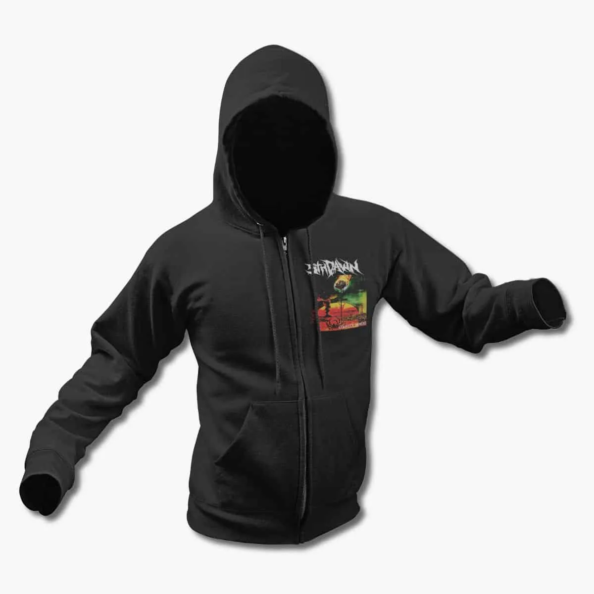 5th Dawn Band Zip Up Hoodie, 5th Dawn Atrocity Domine Black Zipper Hooded Sweatshirt, Death Metal Merchandise