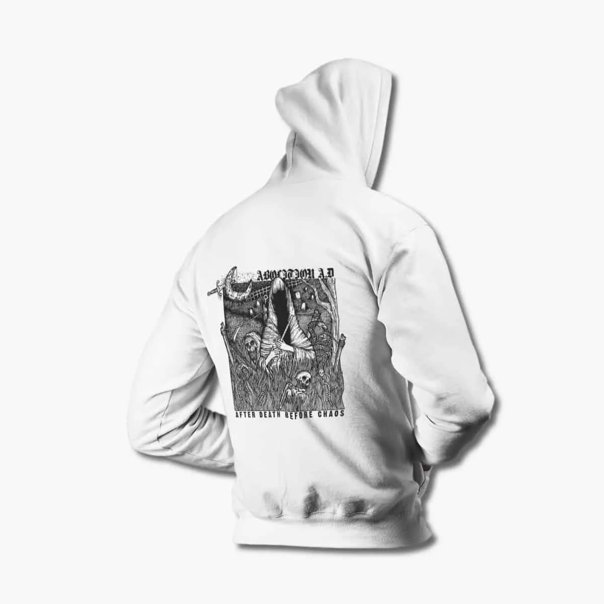 Abolition AD Hoodie, Abolition A.D. After Death Before Chaos White Hooded Pullover, Doom Metal Merchandise