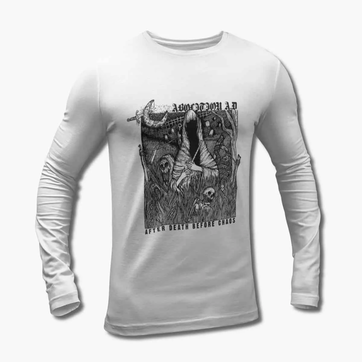 Abolition AD Long Sleeve T-Shirt, Abolition A.D. After Death Before Chaos White Longsleeve T-Shirt, Doom Metal Merchandise