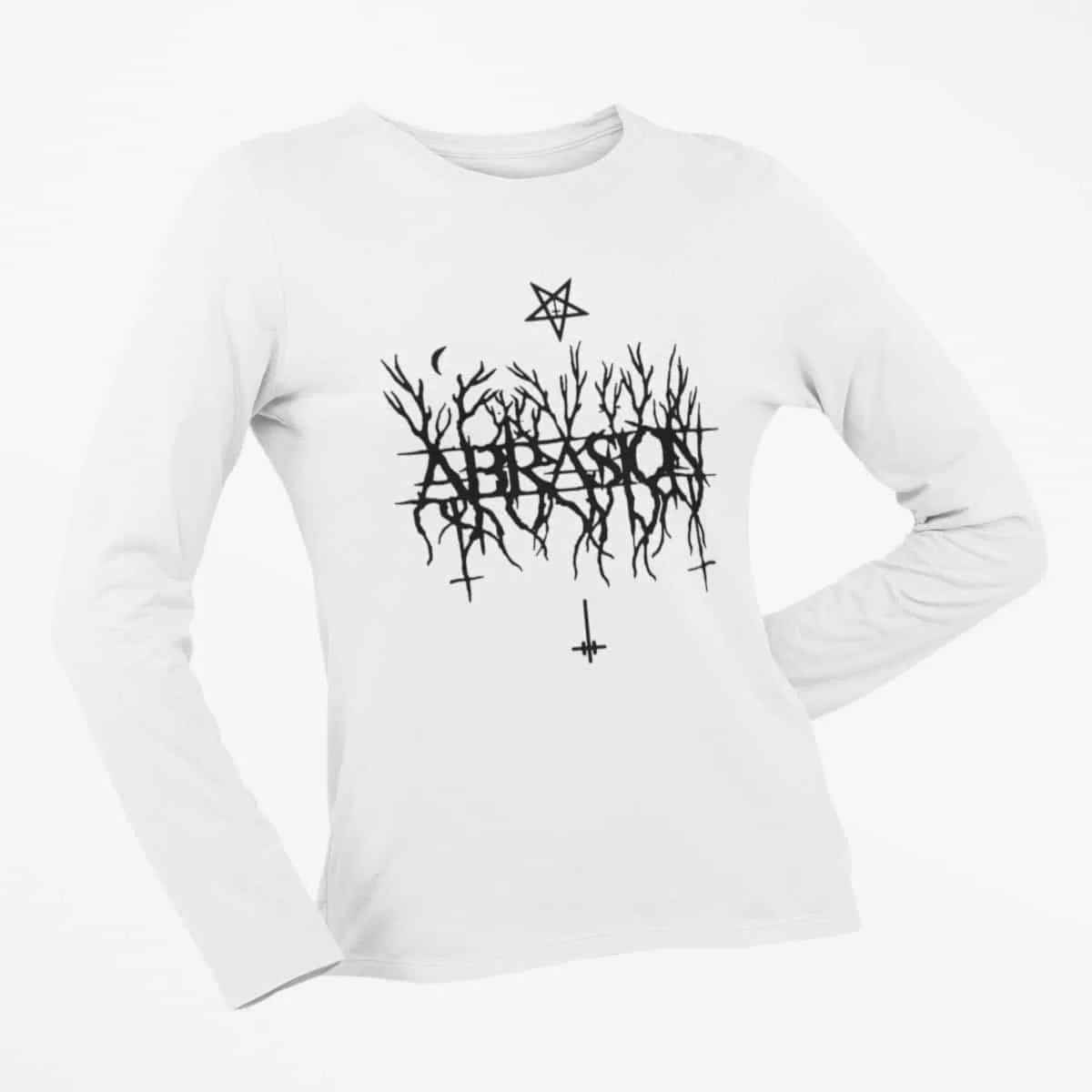 Abrasion Long Sleeve T-Shirt, Abrasion Logo White Long Sleeve T-Shirt, Raw Black Metal Merchandise