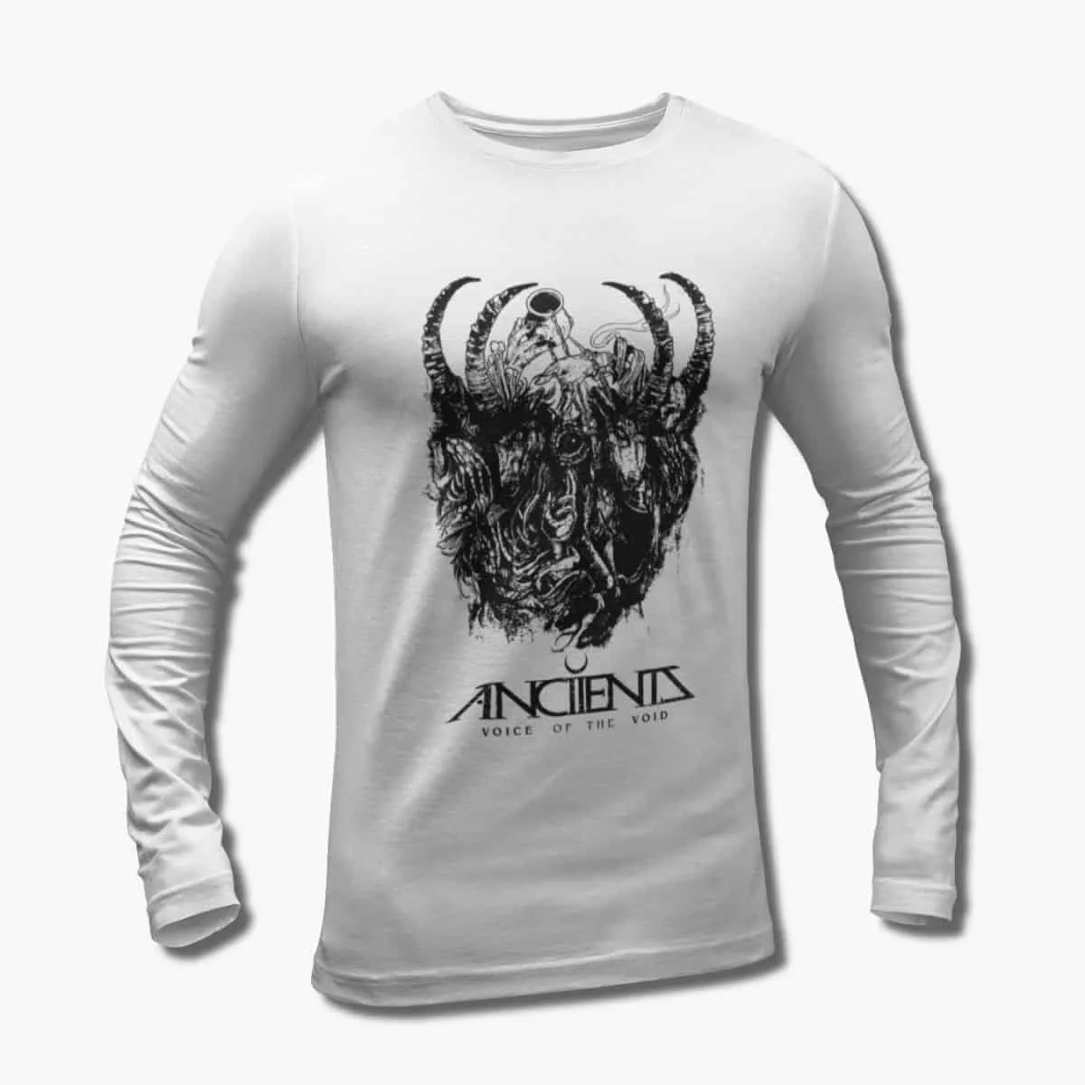Anciients Band Long Sleeve T-Shirt, Anciients Voice of the Void Artwork White Longsleeve T-Shirt, Progressive Metal Merchandise