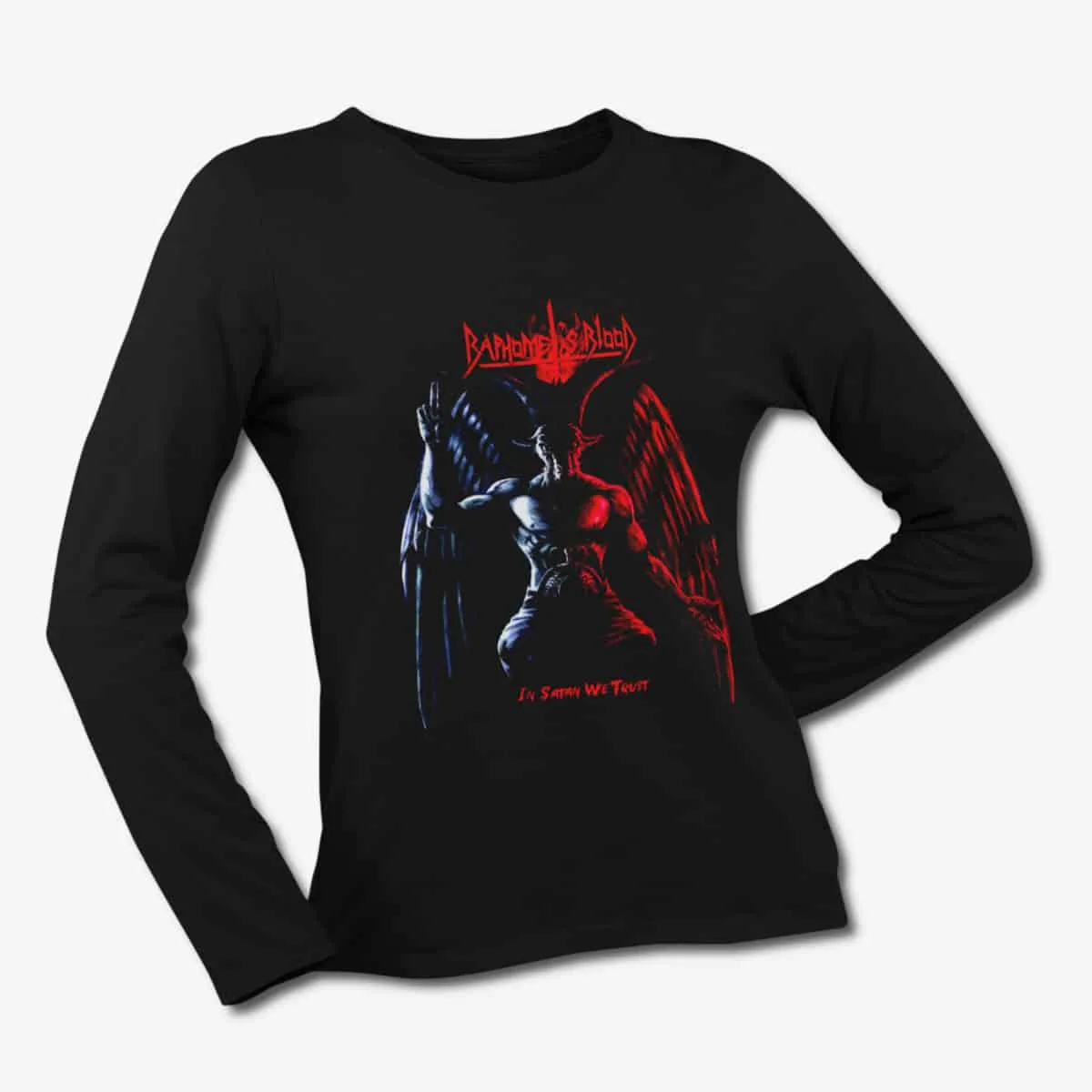 Baphomets Blood Long Sleeve T-Shirt, Baphomet's Blood In Satan We Trust Black Longsleeve T-Shirt, Speed Metal Merchandise