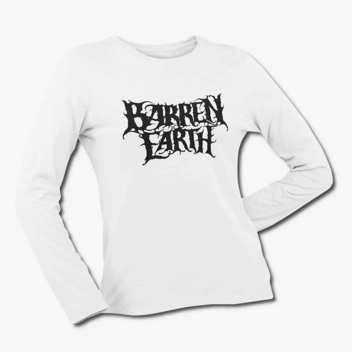 Barren Earth Long Sleeve T-Shirt, Barren Earth Logo White Longsleeve T-Shirt, Progressive Melodic Death Metal Merchandise