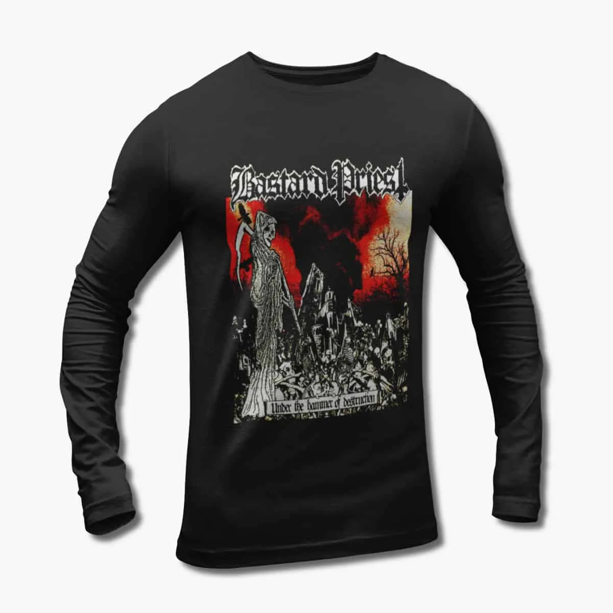 Bastard Priest Band Long Sleeve T-Shirt, Bastard Priest Under The Hammer of Destruction Black Longsleeve T-Shirt, Death Metal Merchandise