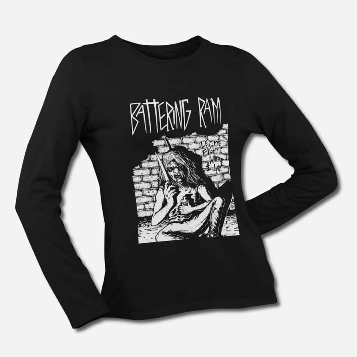 Battering Ram Long Sleeve T-Shirt, Battering Ram Let Me Fight Where I Lay Black Longsleeve T-Shirt, Heavy Metal Merchandise