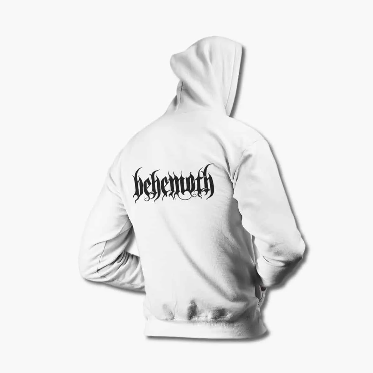 Behemoth Zip Up Hoodie, Behemoth Logo White Zipper Hooded Sweatshirt, Blackened Death Metal Merchandise