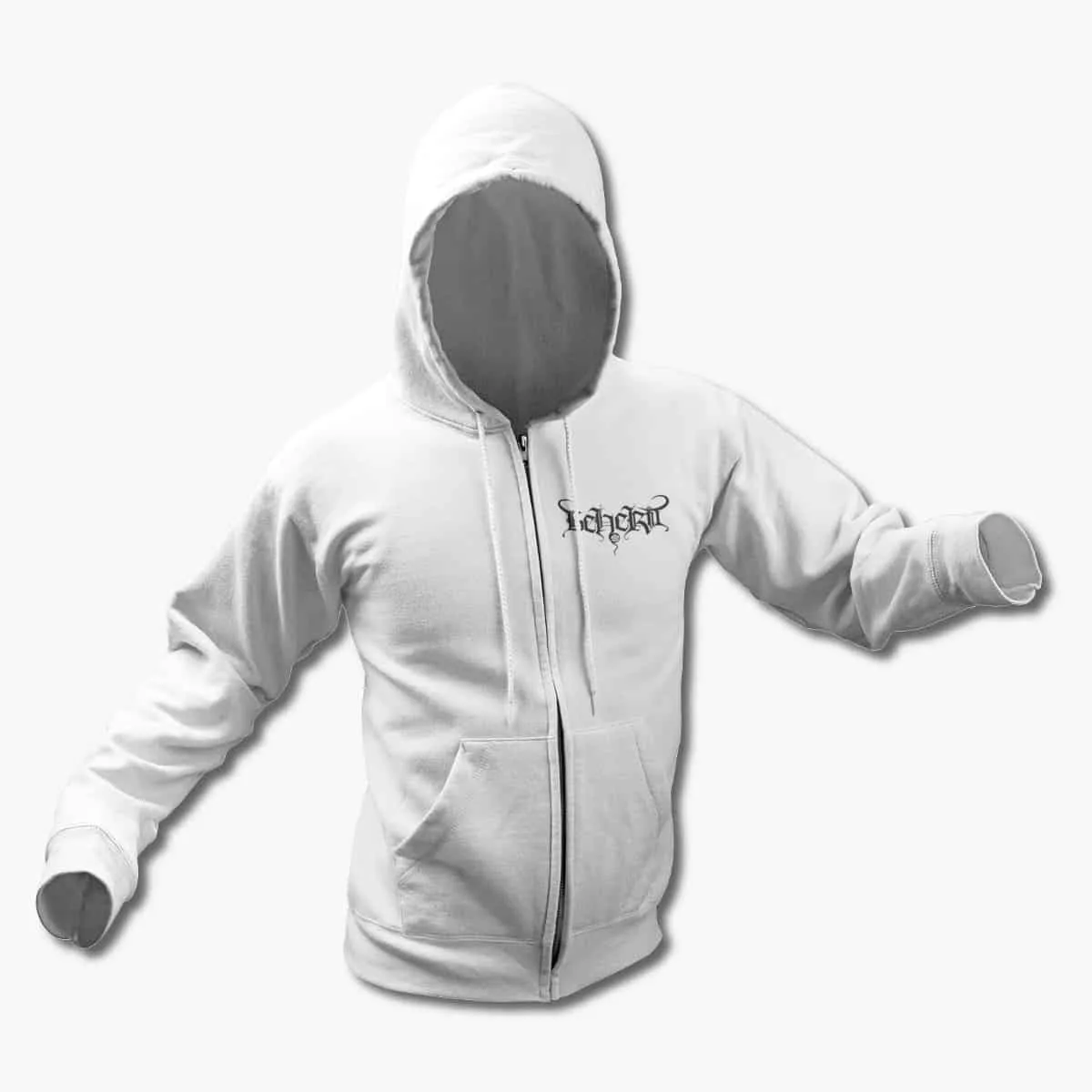 Beherit Zip Up Hoodie, Beherit Logo White Zipper Hooded Sweatshirt, Black Metal, Dark Ambient Metal Merchandise