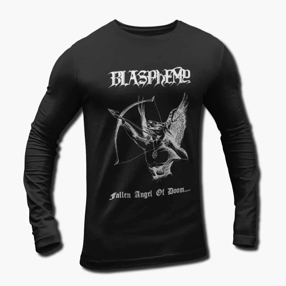 Blasphemy Band Long Sleeve T-Shirt, Blasphemy Fallen Angel of Doom Artwork Longsleeve T-Shirt, Black, Death Metal Merch