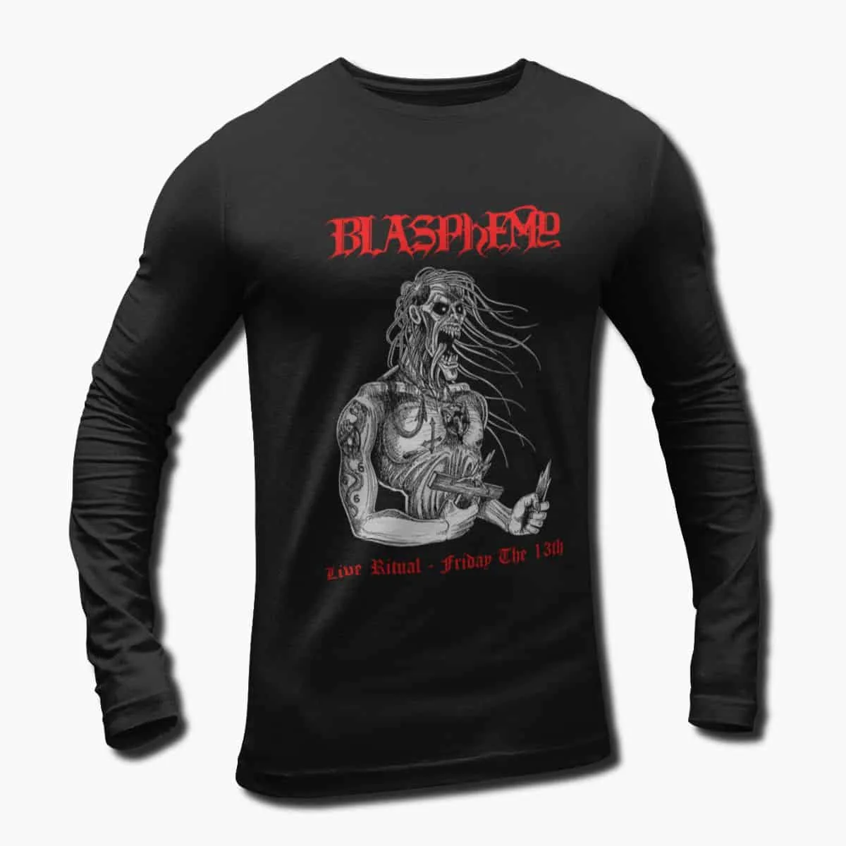 Blasphemy Band Long Sleeve T-Shirt, Blasphemy Friday the 13th Artwork Longsleeve T-Shirt, Black, Death Metal Merch