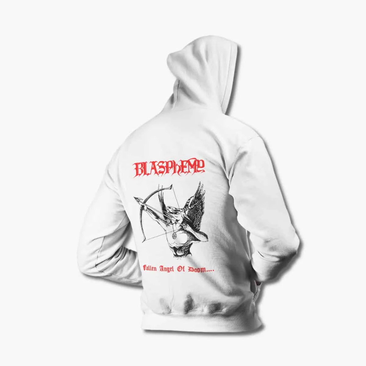 Blasphemy Zip Up Hoodie, Blasphemy Fallen Angel of Doom White Zipper Hooded Sweatshirt, Black Metal, Death Metal Merchandise