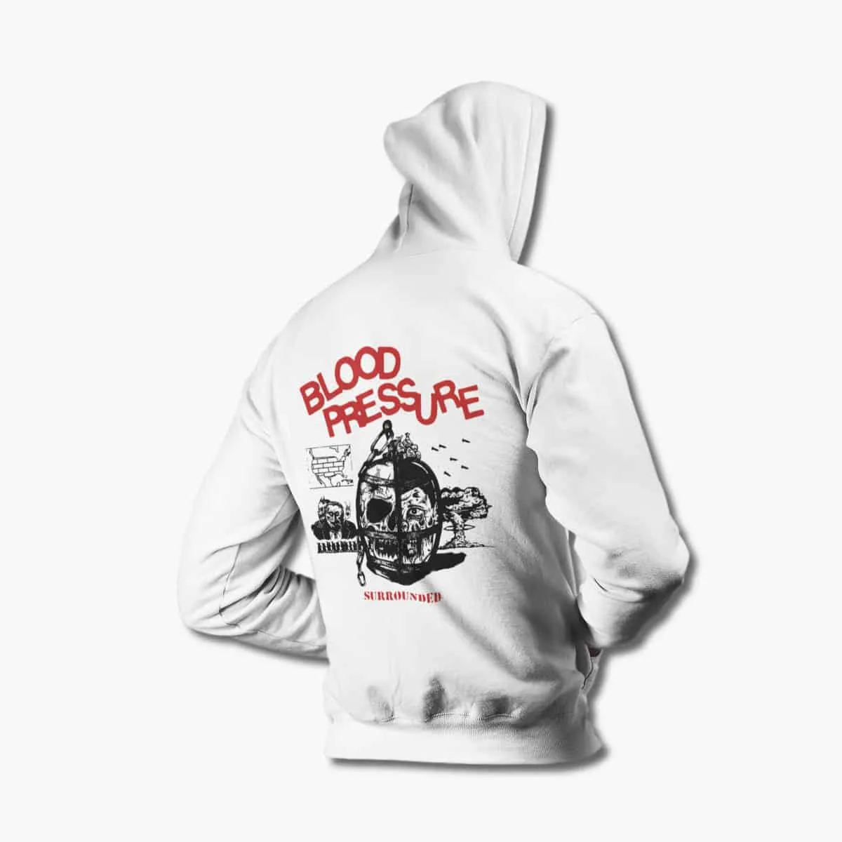Blood Pressure Hoodie, Blood Pressure Surrounded White Hoodie, Hardcore, Punk Merchandise