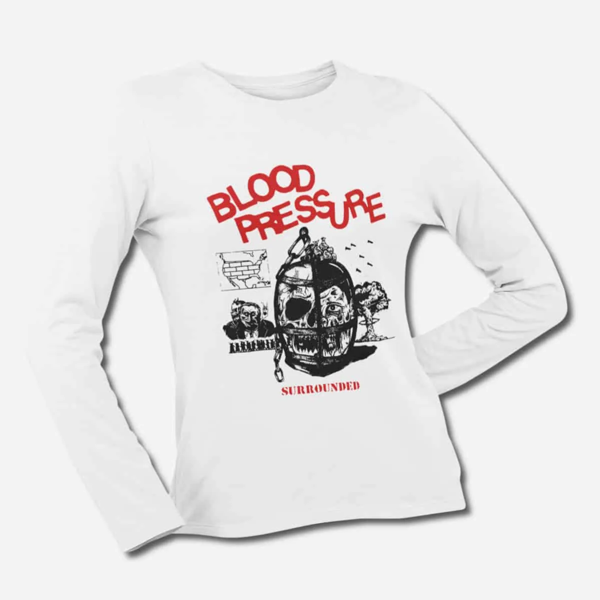 Blood Pressure Long Sleeve T-Shirt, Blood Pressure Surrounded White Longsleeve T-Shirt, Hardcore, Punk Merchandise