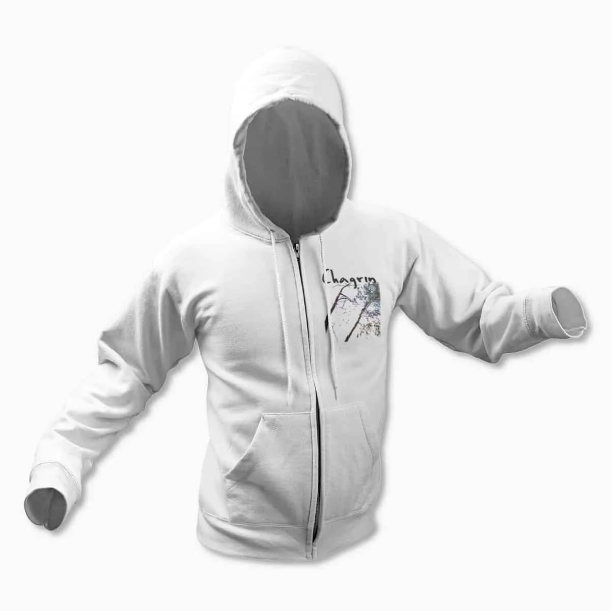 Chagrin Cold Emptiness White Zip Up Hoodie, Black Metal Merchandise