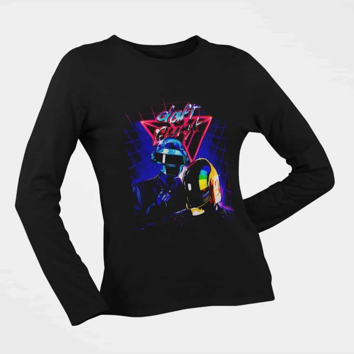 Daft Punk Long Sleeve T-Shirt, Daft Punk Artwork Black Longsleeve T-Shirt, Electronic Rock Merchandise