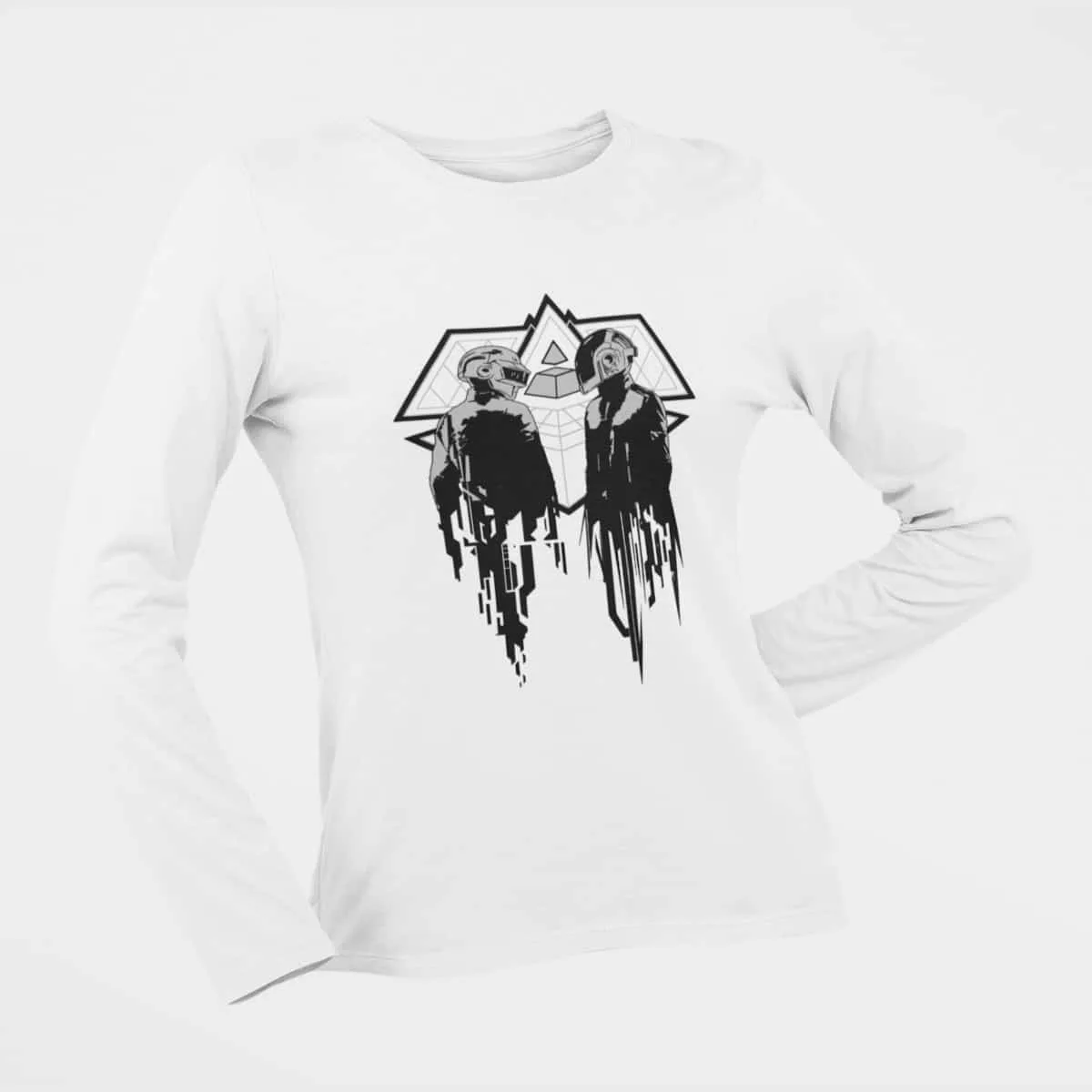 Daft Punk Long Sleeve T-Shirt, Daft Punk Artwork White Longsleeve T-Shirt, Electronic Rock Merchandise
