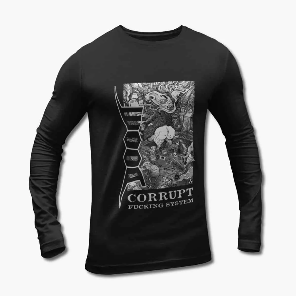 Doom Long Sleeve T-Shirt, Doom Corrupt Fucking System Black Longsleeve T-Shirt, Grindcore Metal Merchandise