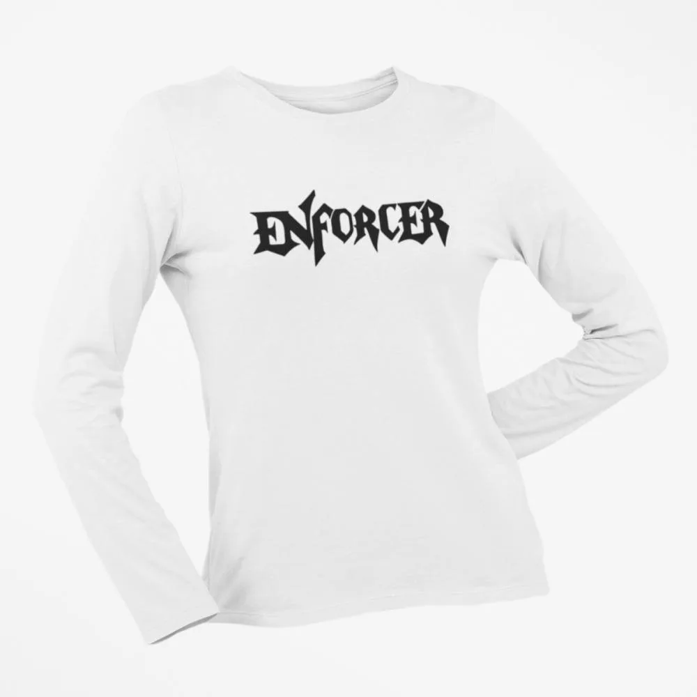 Enforcer Long Sleeve T-Shirt, Enforcer Logo White Long Sleeve T-Shirt, Heavy Metal Merchandise