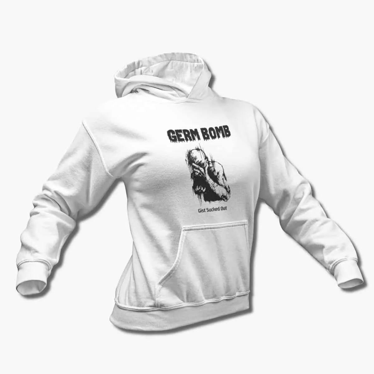 Germ Bomb Band Hoodie, Germ Bomb Gist Sucked Out Artwork White Hooded Sweatshirt, Thrash Metal Merchandise