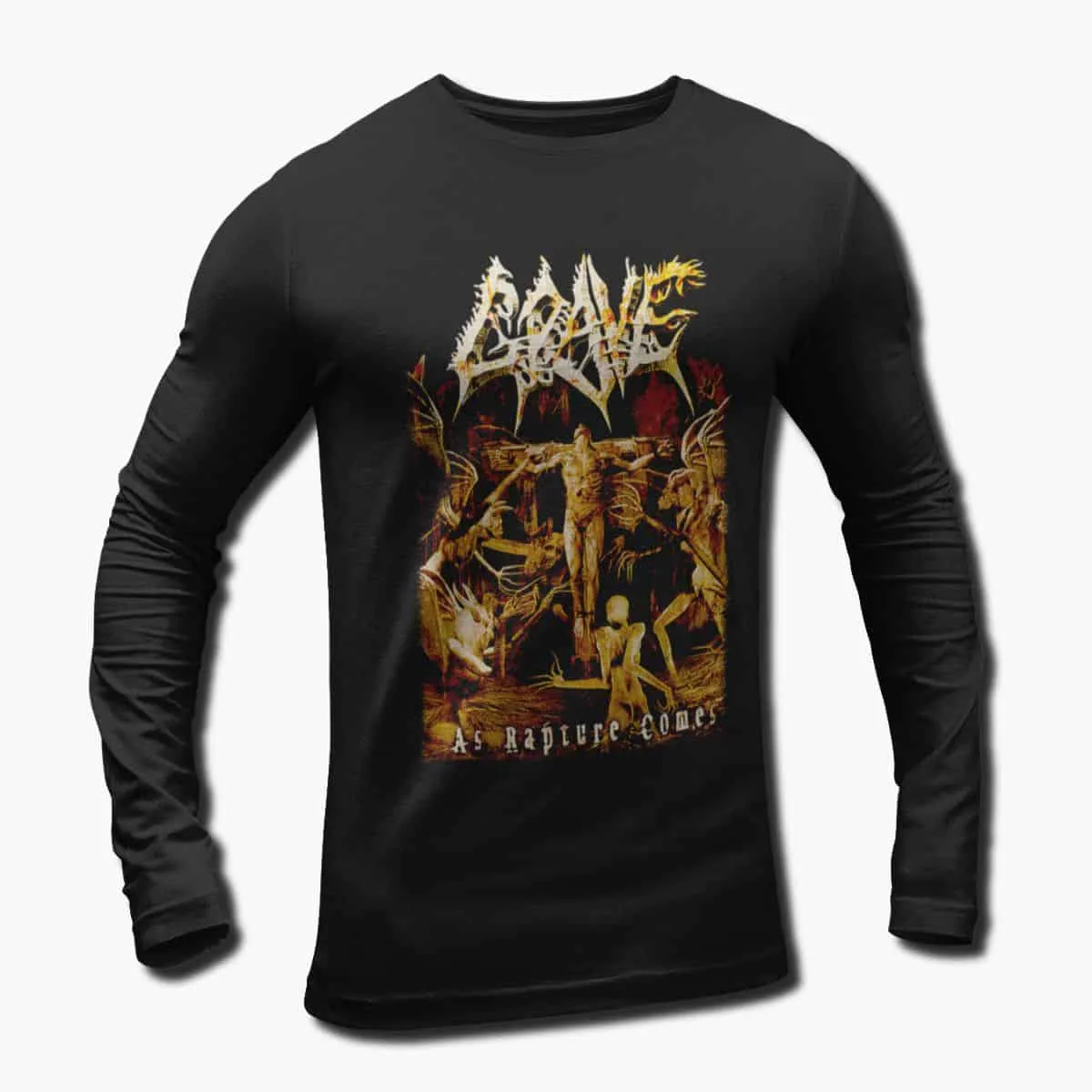 Grave Band Long Sleeve T-Shirt, Grave As Rapture Comes Artwork Longsleeve T-Shirt, Death Metal Merch