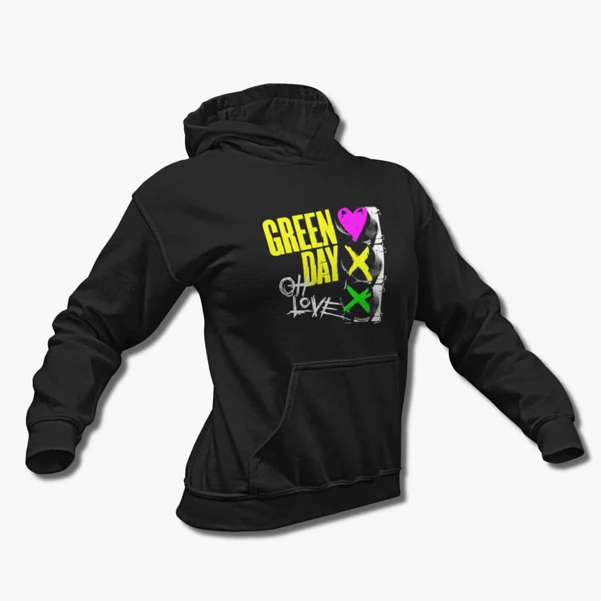 Green Day Band Hoodie, Green Day Oh Love Artwork Black Hooded Sweatshirt, Punk Rock, Alternative Rock Merchandise