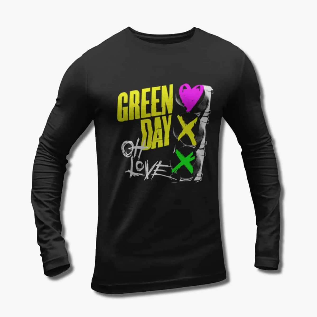 Green Day Band Long Sleeve T-Shirt, Green Day Oh Love Artwork Black Longsleeve T-Shirt, Alternative Rock Merchandise
