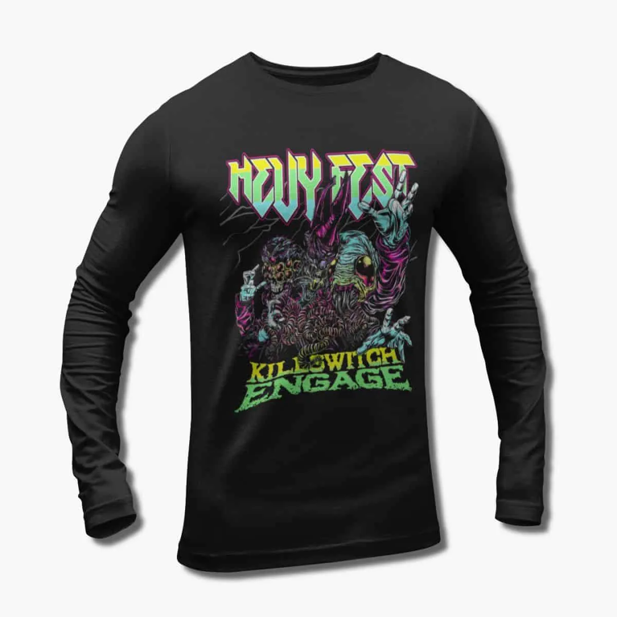 Killswitch Engage Band Long Sleeve T-Shirt, Killswitch Engage Hevy Fest Artwork Black Longsleeve T-Shirt, Metalcore Merchandise