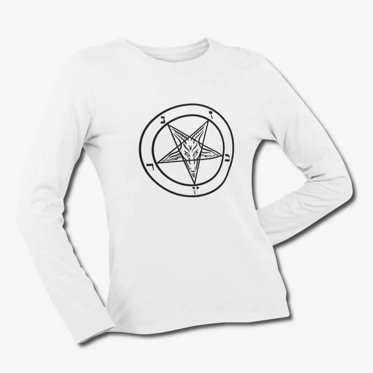 Pentagram Satan Long Sleeve T-Shirt, Baphomet's Sign White Longsleeve T-Shirt