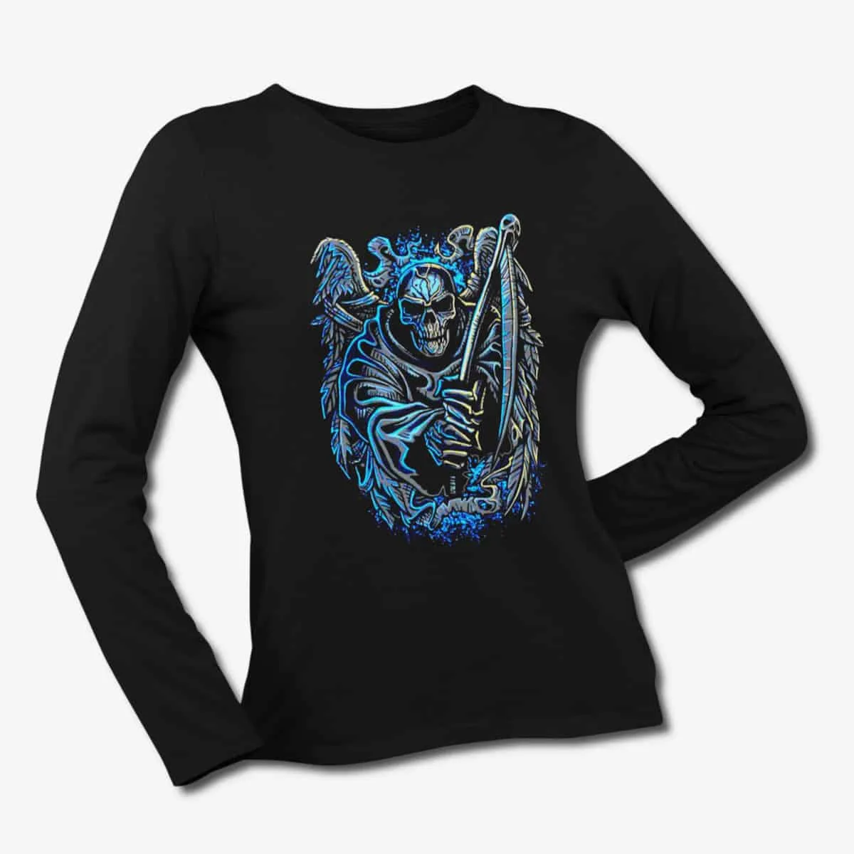 Reaper Long Sleeve T-Shirt, Grim Reaper Artwork Black Longsleeve T-Shirt