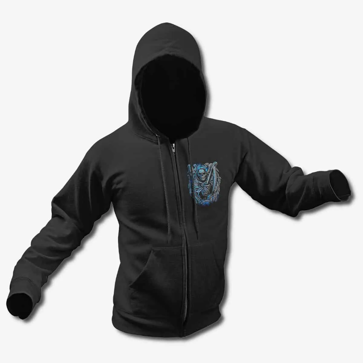 Reaper Zip Hoodie, Grim Reaper Artwork Black Zipper Hoodie