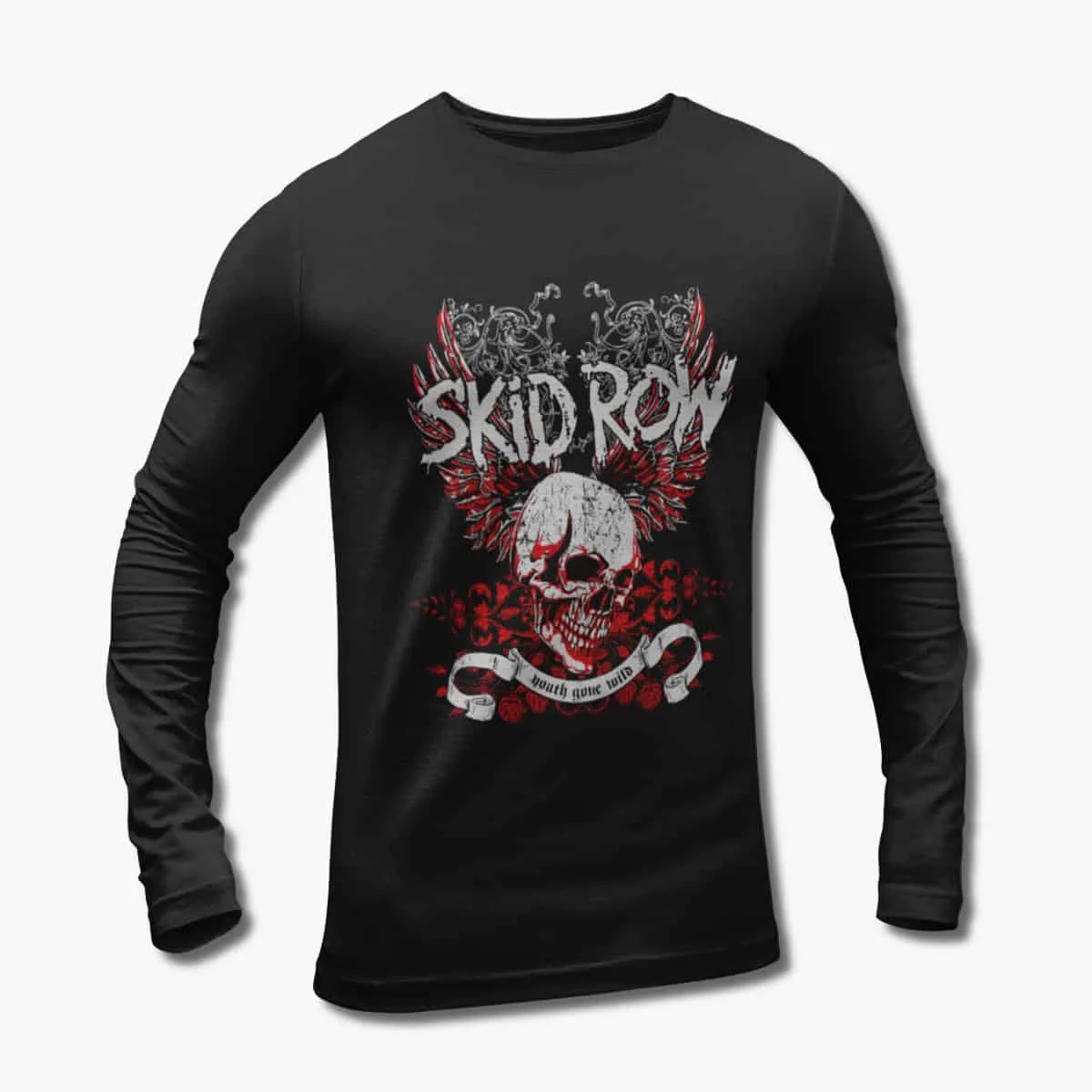 Skid Row Band Long Sleeve T-Shirt, SkidRow Skull Artwork Black Longsleeve T-Shirt, Heavy Metal Merchandise