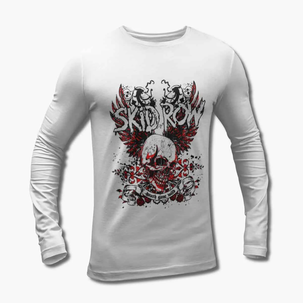 Skid Row Band Long Sleeve T-Shirt, SkidRow Skull Artwork White Longsleeve T-Shirt, Heavy Metal Merchandise