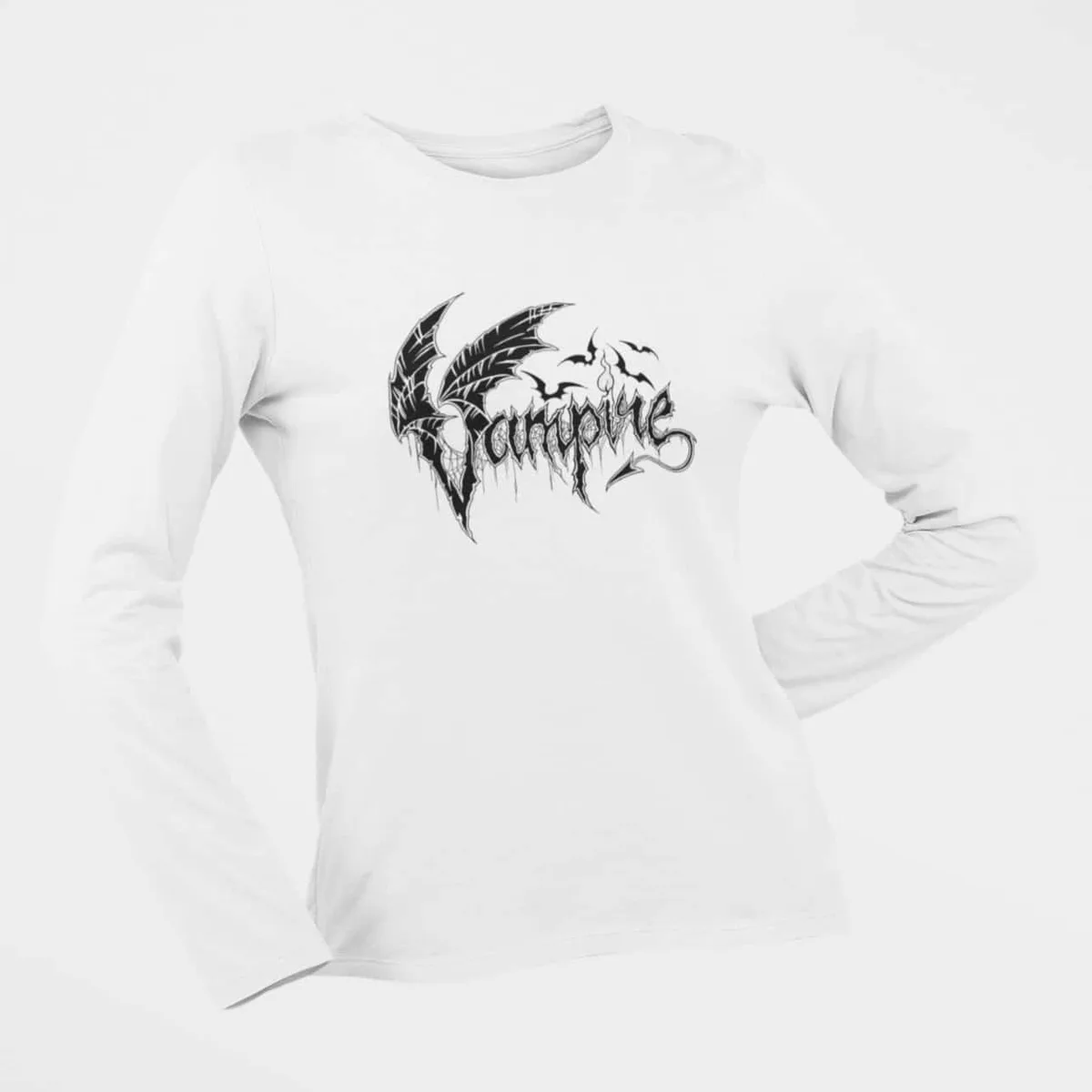 Vampire Long Sleeve T-Shirt, Vampire Logo White Longsleeve T-Shirt, Thrash Metal Merchandise