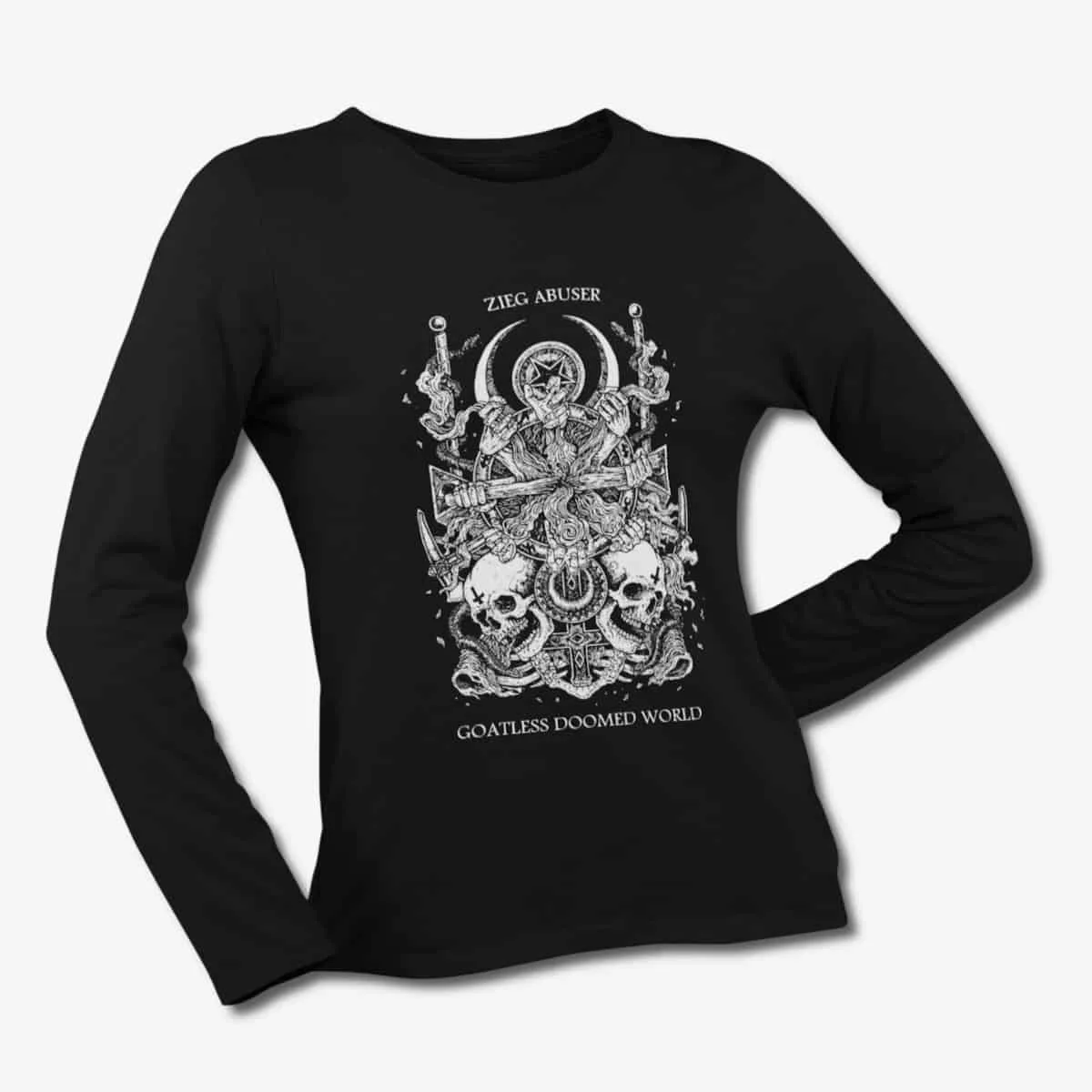 Zieg Abuser Long Sleeve T-Shirt, Zieg Abuser Goatless Doomed World Black Longsleeve T-Shirt, Thrash Metal Merchandise