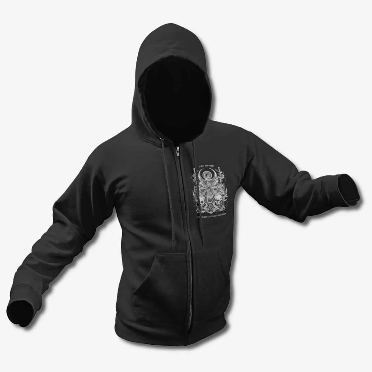 Zieg Abuser Zip Up Hoodie, Zieg Abuser Goatless Doomed World Black Zip Hoodie, Thrash Metal Merchandise